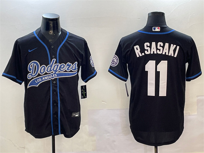 Men's Black Los Angeles Dodgers #11 Roki Sasaki With Patch Cool Base Stitched Baseball Jersey